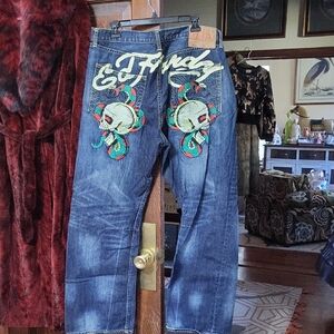 Rare Vintage Ed Hardy Blue Jeans with Skull Embroidery